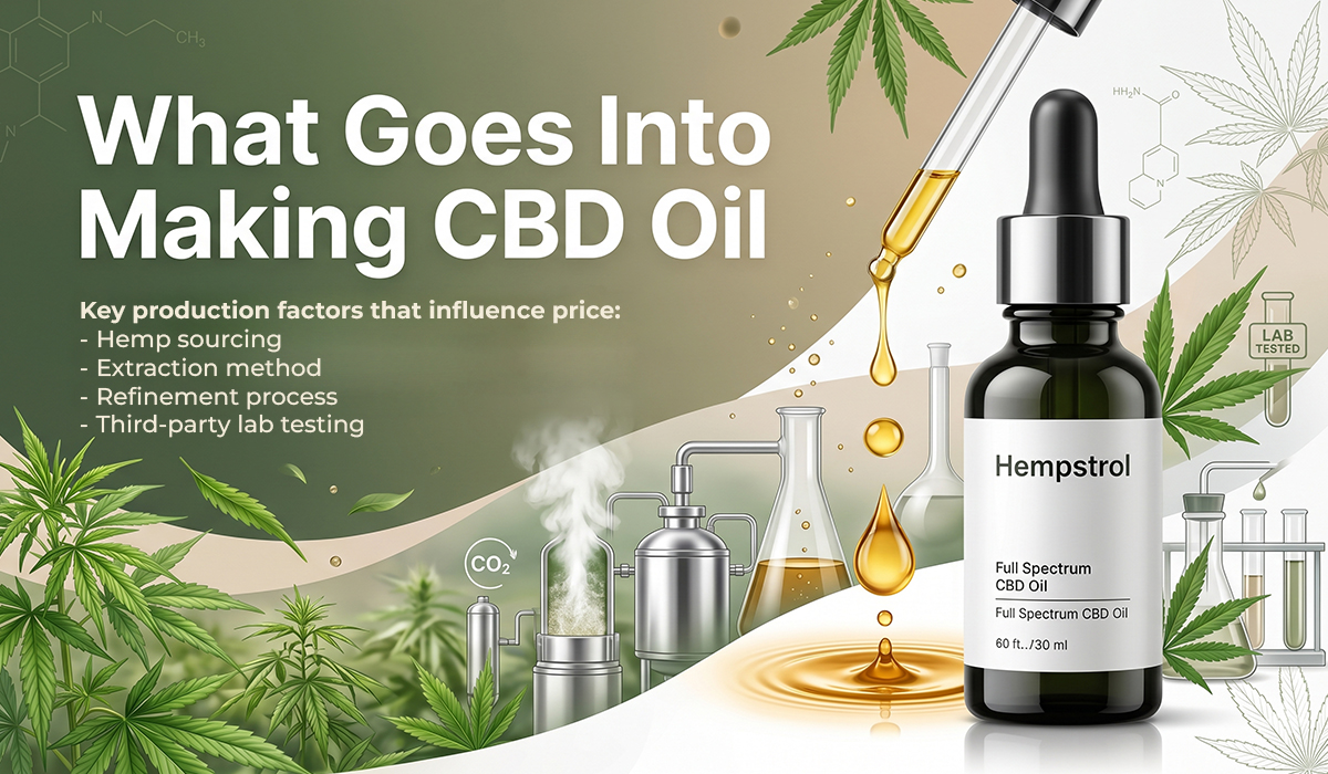 CBD oil production process with hemp extraction and lab testing illustration